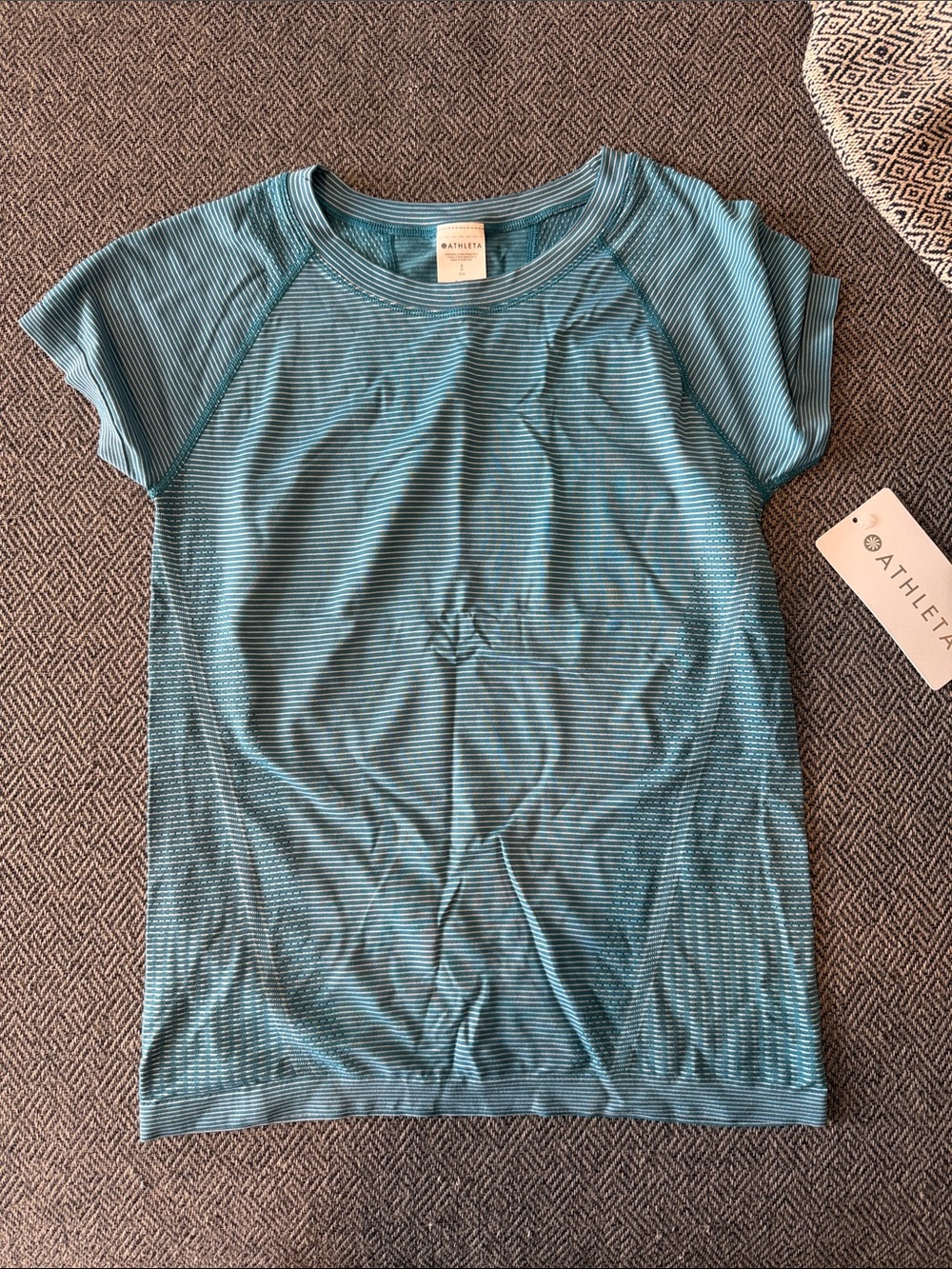 Athleta Blue and White Striped Short Sleeve Momentum Seamless Tee